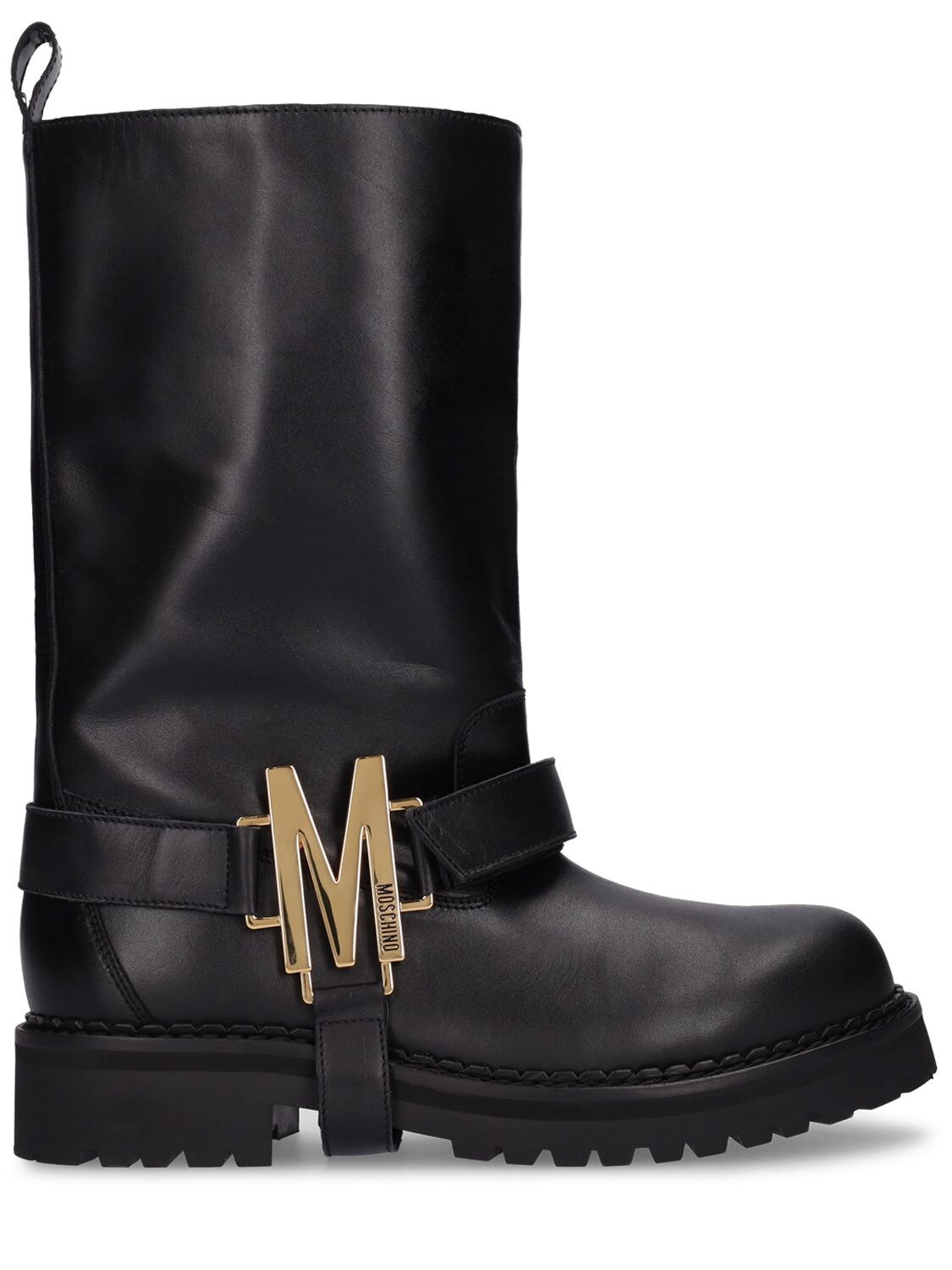 Mm M Stud Leather Biker Boots - MOSCHINO - Modalova