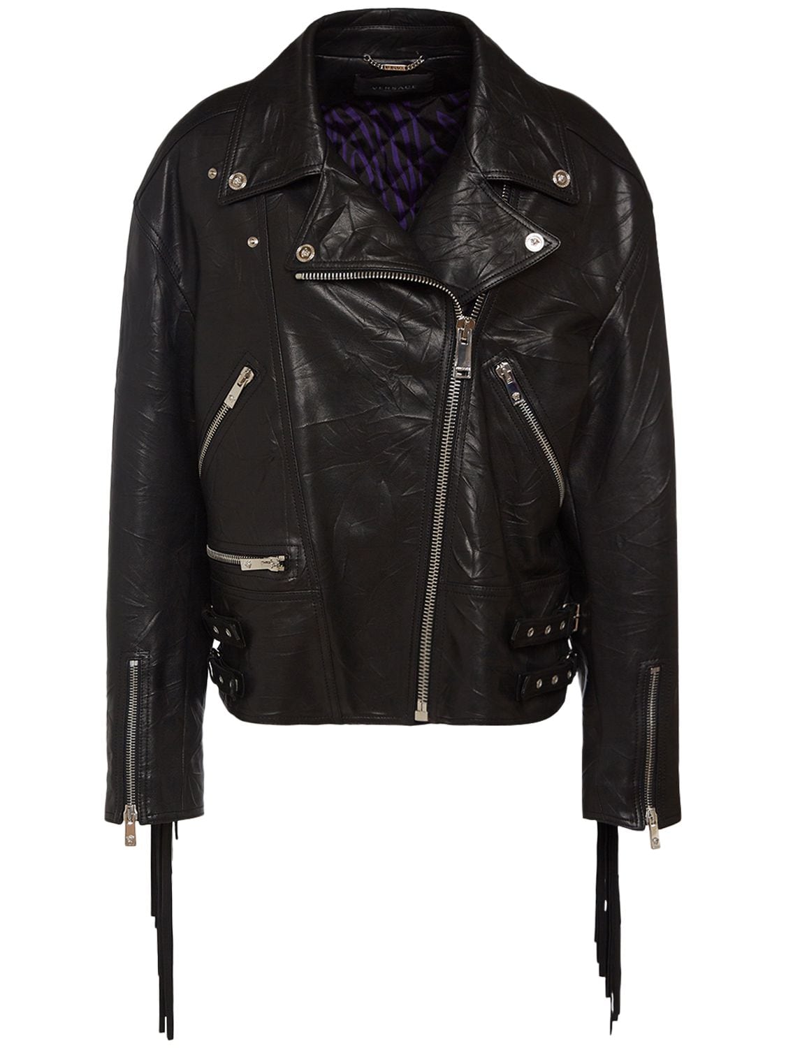 Leather Fringed Biker Jacket - VERSACE - Modalova