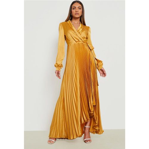 Vestido Maxi De Raso Plisado Cruzado Con Cinturón - boohoo - Modalova