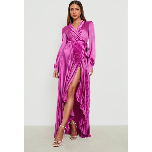Vestido Maxi De Raso Plisado Cruzado Con Cinturón - boohoo - Modalova