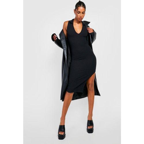 Vestido Midi De Canalé Fruncido Con Cuello Y Abertura En El Bajo - boohoo - Modalova