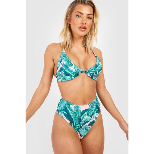 Set bikini a vita alta in fantasia tropicale con arricciature - boohoo - Modalova