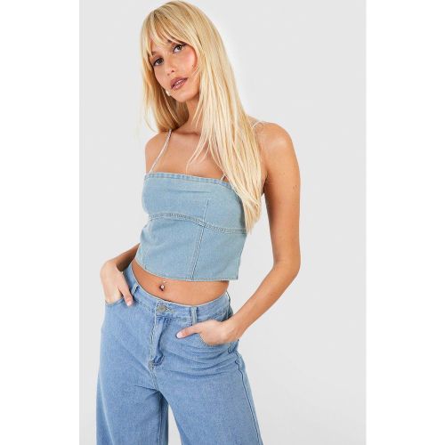 Crop top in denim con spalline e strass - boohoo - Modalova