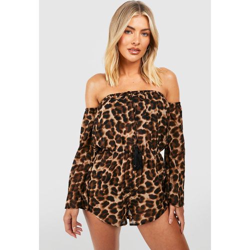 Tutina da mare leopardata in chiffon con scollo Bardot e nappe - boohoo - Modalova