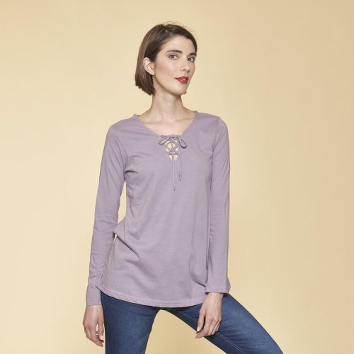 Tee-shirt évasé col V avec cordon manches longues - Parme en coton - 3 SUISSES - Modalova