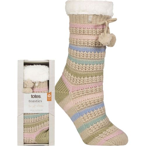 Ladies 1 Pair Texture Stripe Wool Slipper Socks with Pom Poms Cream 4-8 Ladies - Totes - Modalova