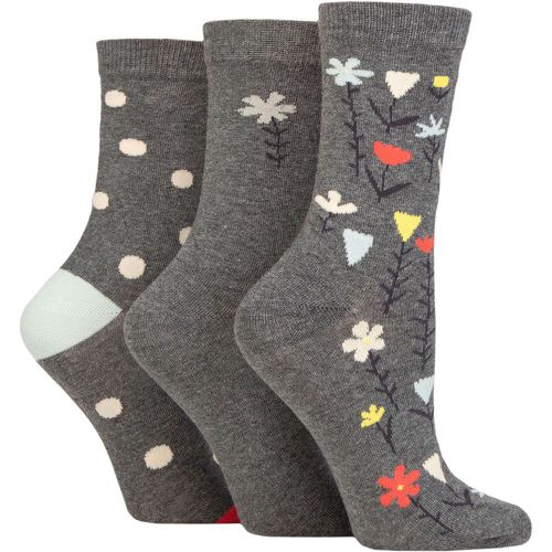 Ladies 3 Pair Patterned Cotton Socks Floral Charcoal UK 4-8 - Caroline Gardner - Modalova