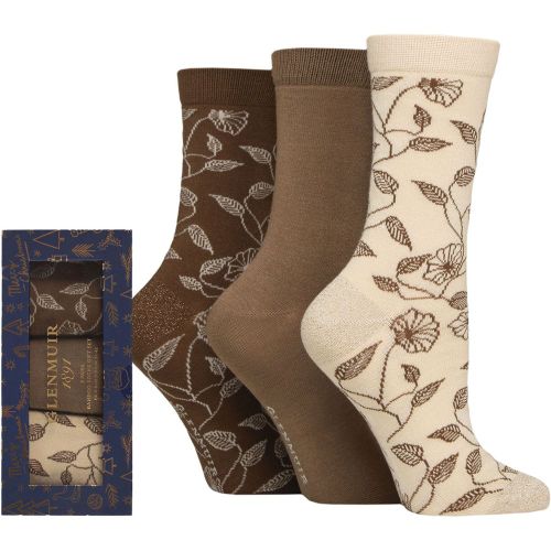 Women's 3 Pair Bamboo Patterned Socks in Christmas Gift Box Beige / Floral 4-8 Women's - Glenmuir - Modalova