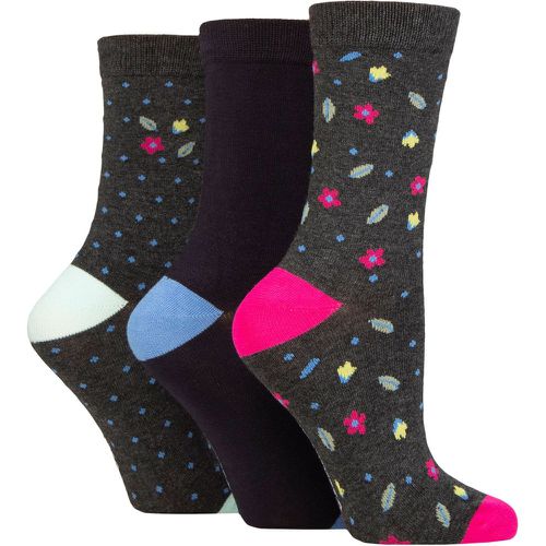 Women's 3 Pair Patterned Bamboo Socks Flowers Charcoal 4-8 Ladies - Glenmuir - Modalova