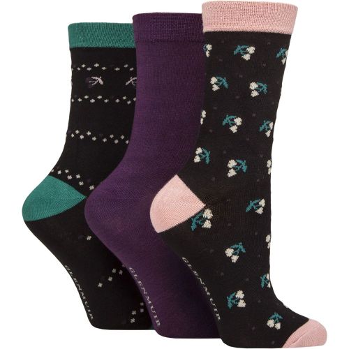 Women's 3 Pair Patterned Bamboo Socks Blossom Black 4-8 - Glenmuir - Modalova