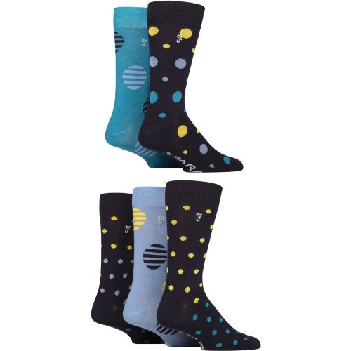 Mens 5 Pair Plain, Striped and Patterned Everyday Bamboo Socks Spotty Dark Navy / Yellow / Teal 6-11 - Farah - Modalova