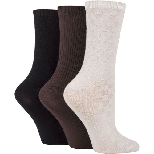 Ladies 3 Pair Patterned Plain and Striped Bamboo Socks Black / Cocoa / Biscuit Textured 4-8 Ladies - SockShop - Modalova