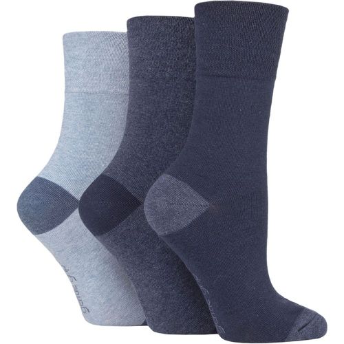 Ladies 3 Pair Cotton Patterned and Striped Socks Contrast Heel and Toe Navy / Denim 4-8 Ladies - Gentle Grip - Modalova