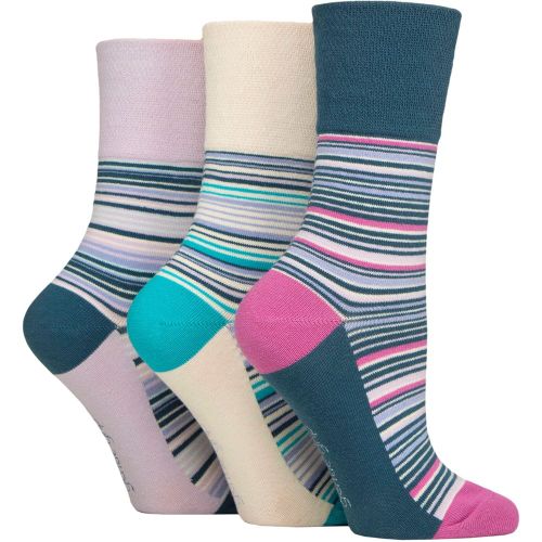 Women's 3 Pair Cotton Patterned and Striped Socks Flow Mixed Stripe Cream / Blue / Lilac 4-8 - Gentle Grip - Modalova