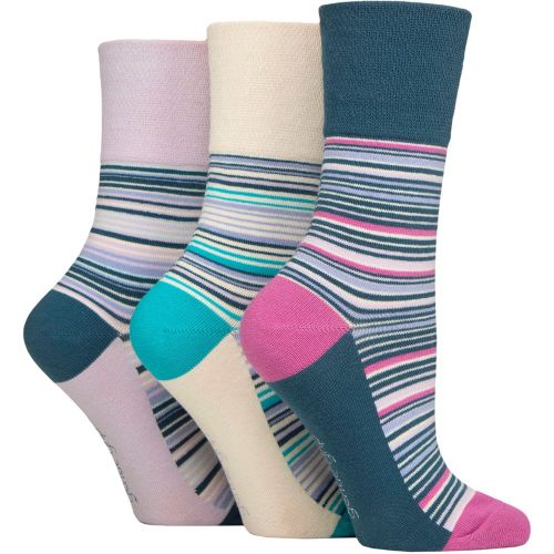 Women's 3 Pair Gentle Grip Cotton Patterned and Striped Socks Flow Mixed Stripe Cream / Blue / Lilac 4-8 - SockShop - Modalova