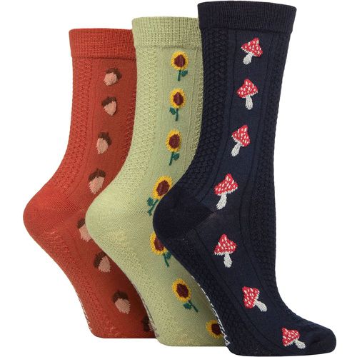 Ladies 3 Pair SOCKSHOP Textured Knit Cotton Socks Mushroom / Sunflower / Acorn 4-8 - Wildfeet - Modalova