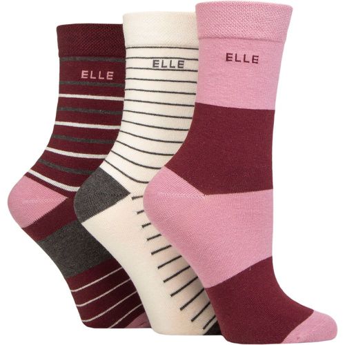 Women's 3 Pair Plain, Striped and Patterned Cotton Socks with Smooth Toes Smokey Pink Stripe 4-8 - Elle - Modalova