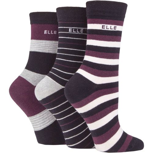 Ladies 3 Pair Plain, Striped and Patterned Cotton Socks with Smooth Toes Beetroot / Black Stripe 4-8 Ladies - Elle - Modalova
