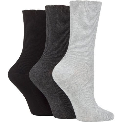 Ladies 3 Pair Ribbed Bamboo Socks with Scallop Top Black / Charc / Silver 4-8 Ladies - Elle - Modalova