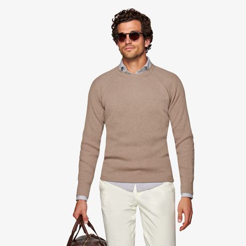 Rundhals-pullover Taupe In Ripp-strick - SuitSupply - Modalova