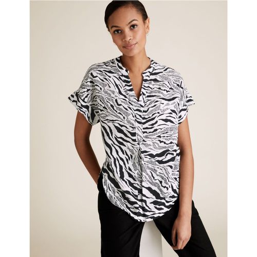 Pure Linen Zebra Print Short Sleeve Blouse black - Marks & Spencer - Modalova