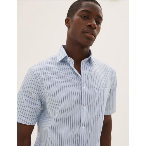 Pure Cotton Regular Fit Striped Short Sleeve Shirt blue - Marks & Spencer - Modalova