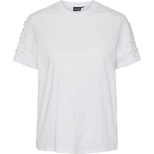 Cotton Beaded Sleeve T-Shirt with Crew Neck - Pieces - Modalova