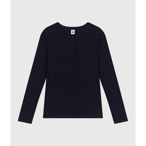 Cotton Ribbed T-Shirt with Grandad Collar and Long Sleeves - PETIT BATEAU - Modalova