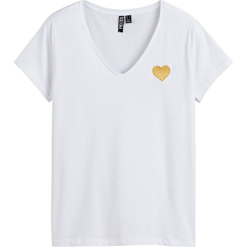 Cotton Embroidered Heart T-Shirt with V-Neck - Pieces - Modalova