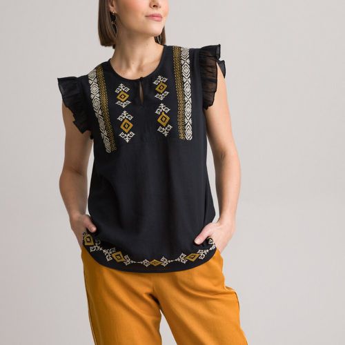 Embroidered Cotton Sleeveless Blouse with Ruffles and Crew Neck - Anne weyburn - Modalova