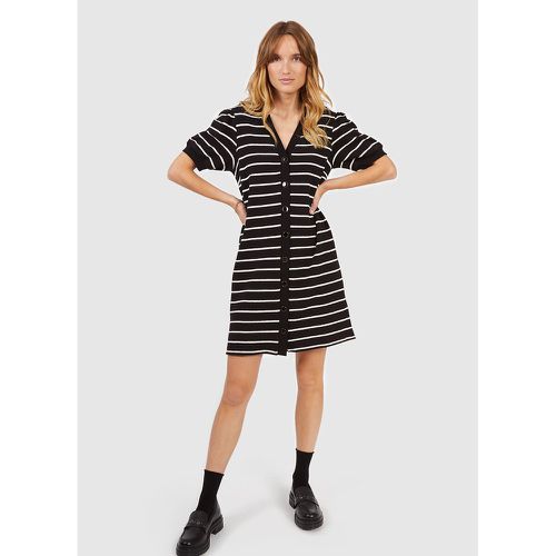 Striped Cotton Mini Dress with V-Neck and Short Puff Sleeves - ICODE - Modalova