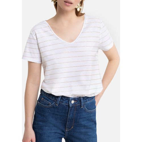 Striped Cotton T-Shirt with V-Neck - Pieces - Modalova