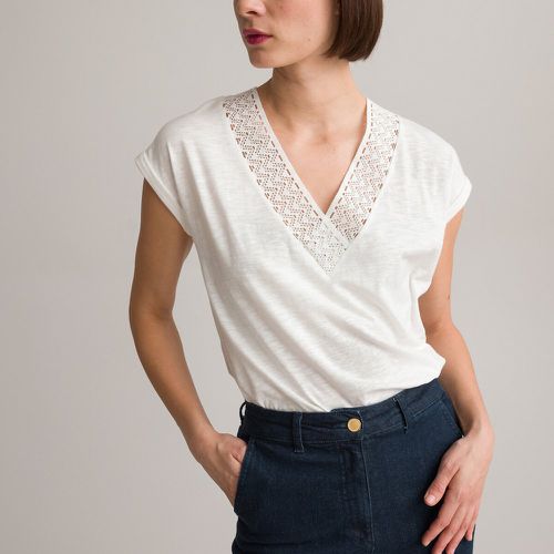 Cotton Macramé Detail T-Shirt with V-Neck and Short Sleeves - Anne weyburn - Modalova