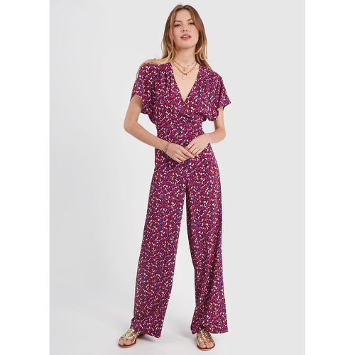 Floral Print Flared Jumpsuit with V-Neck and Short Sleeves - ICODE - Modalova