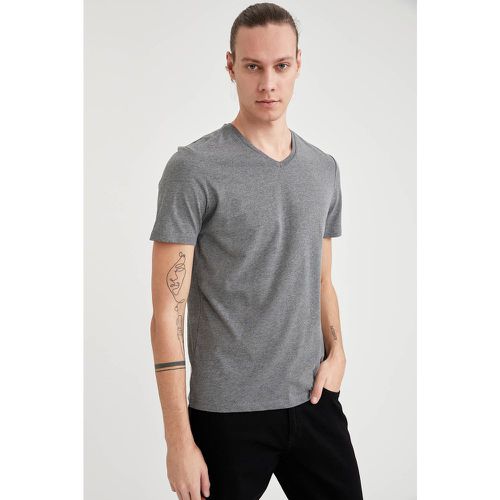 Basic V Neck Short Sleeve Slim Fit Long Line T-shirt - Light - DeFacto - Modalova