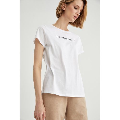 Basic Slogan Print Short Sleeve Long Line T-shirt - DeFacto - Modalova
