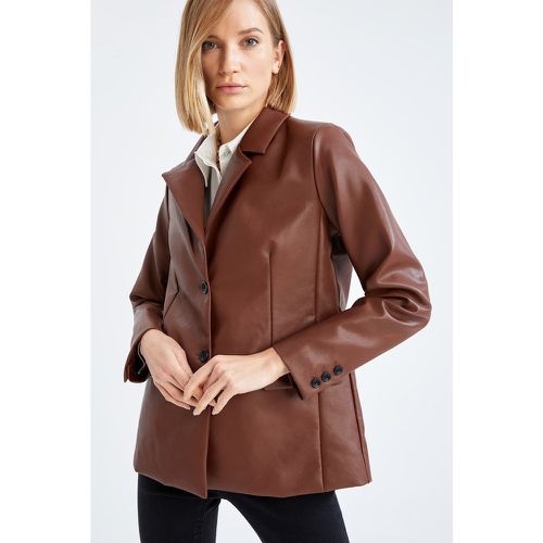 Regular Fit Long Sleeve Faux Leather Blazer Jacket - DeFacto - Modalova