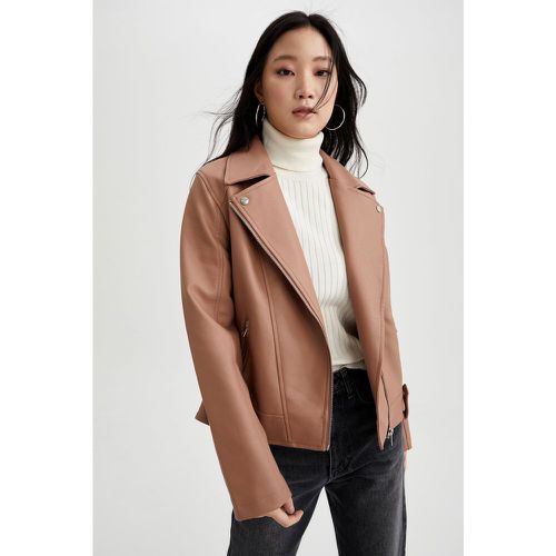 Long Sleeve Faux Leather Front Zip Jacket - DeFacto - Modalova