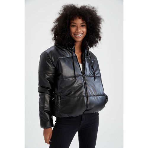 Regular Fit Long Sleeve Faux Leather Puffer Jacket - DeFacto - Modalova