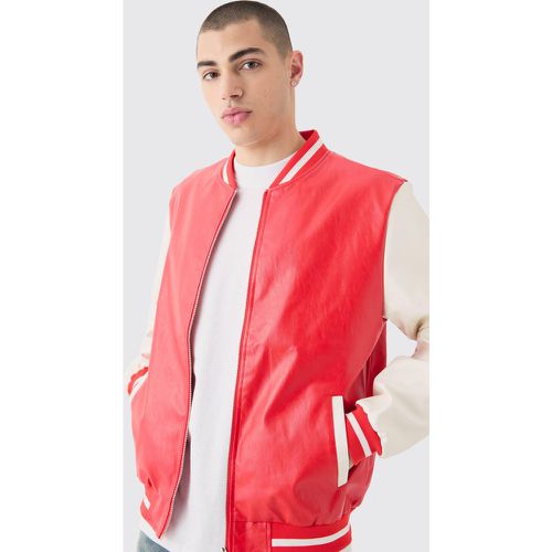 Plain Pu Varsity Jacket In Red - boohoo - Modalova