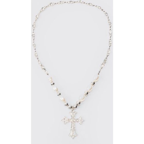 Collana a croce di perle in argento - boohoo - Modalova