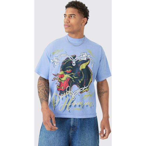 T-shirt oversize Pour Homme con grafica di pantera e girocollo esteso - boohoo - Modalova