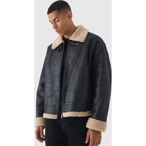 Chaqueta De Aviador Súper Oversize De Ante Sintético Negra - boohoo - Modalova