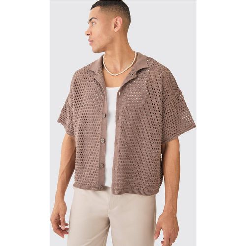 Oversized Boxy Textured Open Stitch Knit Shirt In Chocolate - boohoo - Modalova