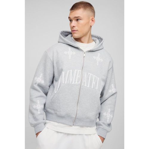 Felpa squadrata oversize con stampa Homme, zip e cappuccio - boohoo - Modalova