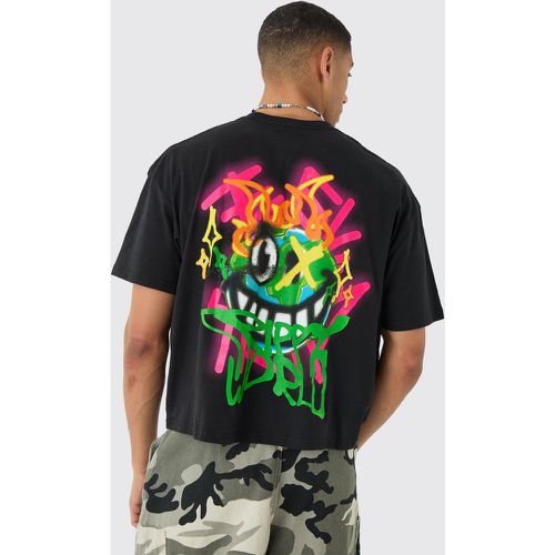 T-shirt squadrata oversize con stampa psichedelica stile Graffiti e girocollo esteso - boohoo - Modalova