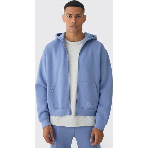 Felpa squadrata oversize con zip, logo in tessuto e cappuccio - boohoo - Modalova