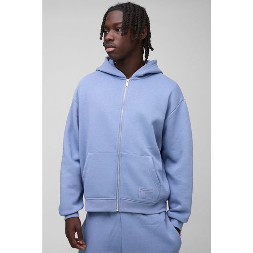 Felpa squadrata oversize con zip, logo in tessuto e cappuccio - boohoo - Modalova