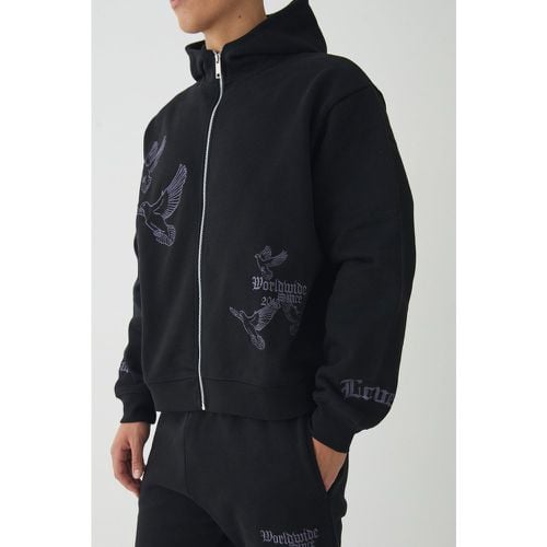 Smart Oversized Boxy Embroidered Super Heavyweight Zip Through Loopback Hoodie - boohoo - Modalova