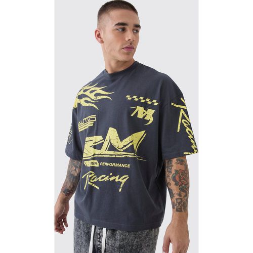 T-shirt squadrata oversize Moto Racing con fiamme - boohoo - Modalova